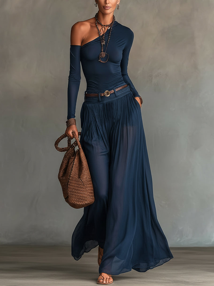 Conjunto de Top Celeste de Un Solo Hombro y Falda de Tul
