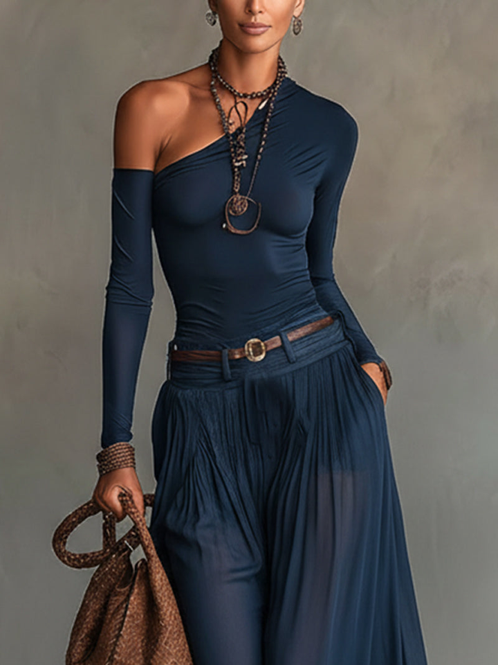 Conjunto de Top Celeste de Un Solo Hombro y Falda de Tul