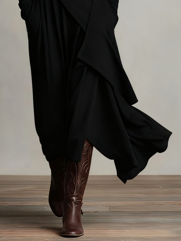 Aurelia · Vestido maxi plisado asimétrico con cuello alto