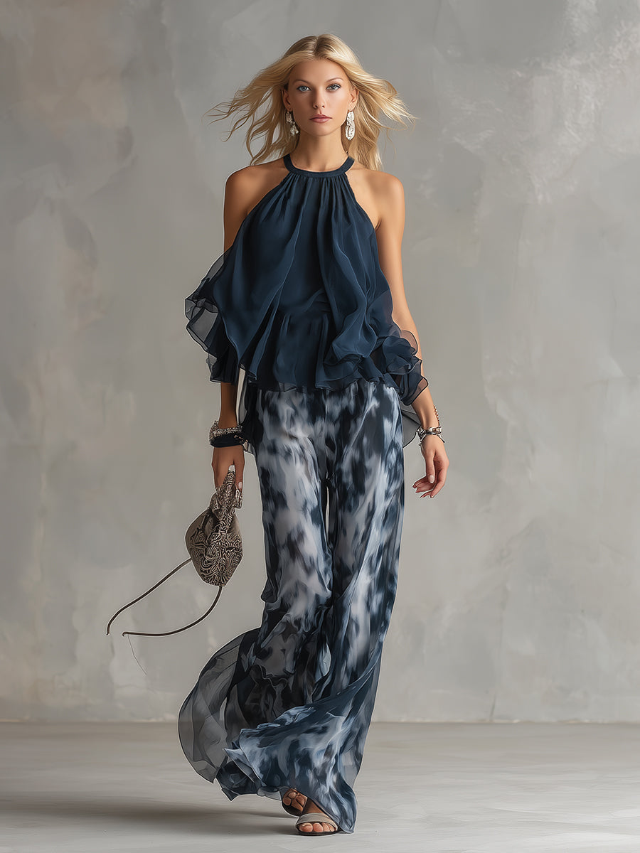 Ludovica | Elegante Conjunto de Top Halter en Azul Marino y Pantalones de Pierna Ancha