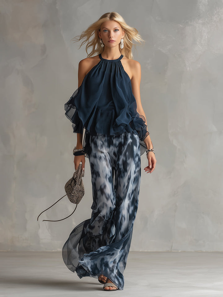 Ludovica | Elegante Conjunto de Top Halter en Azul Marino y Pantalones de Pierna Ancha