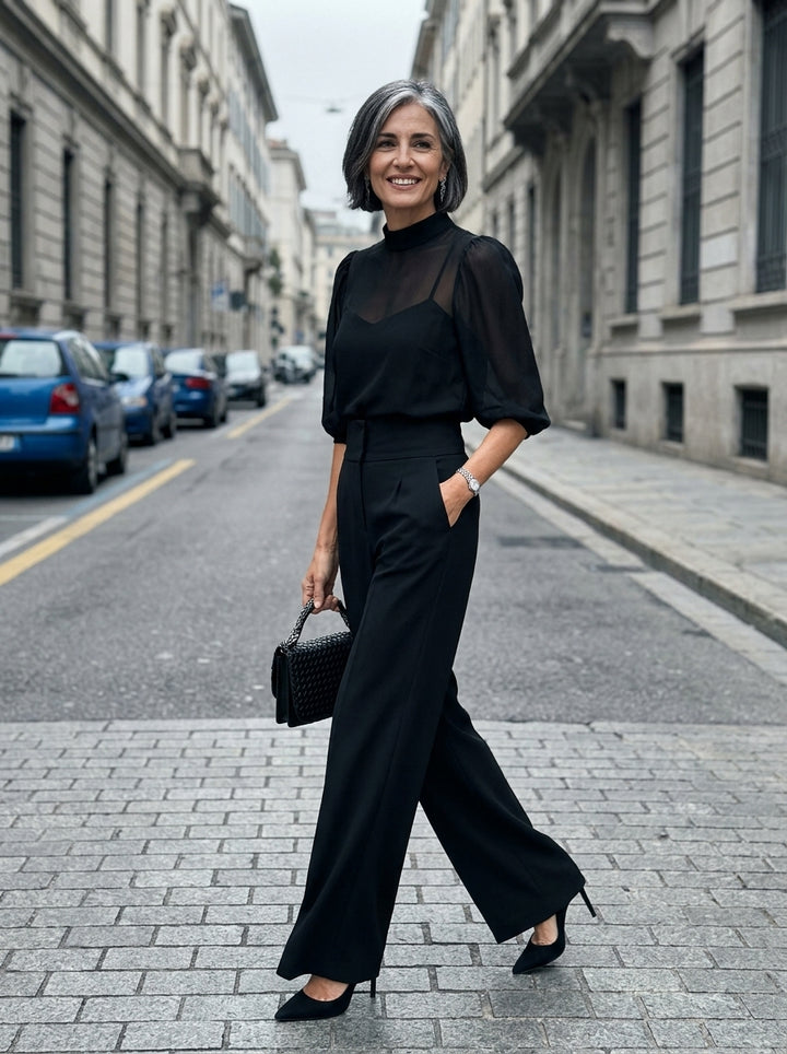 Valentina | Conjunto de tres piezas negro, compuesto por top camisón transparente y pantalones de pierna ancha