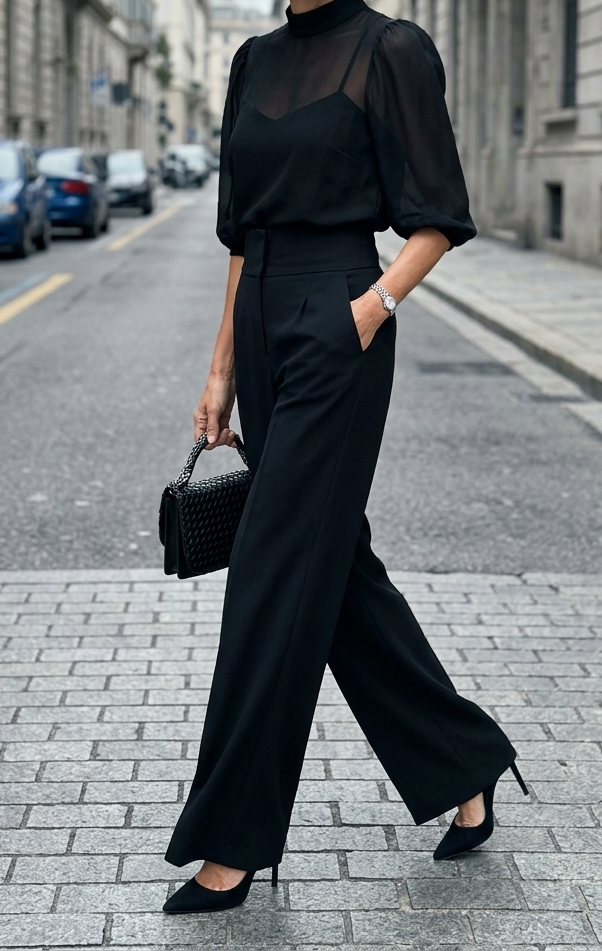Valentina | Conjunto de tres piezas negro, compuesto por top camisón transparente y pantalones de pierna ancha