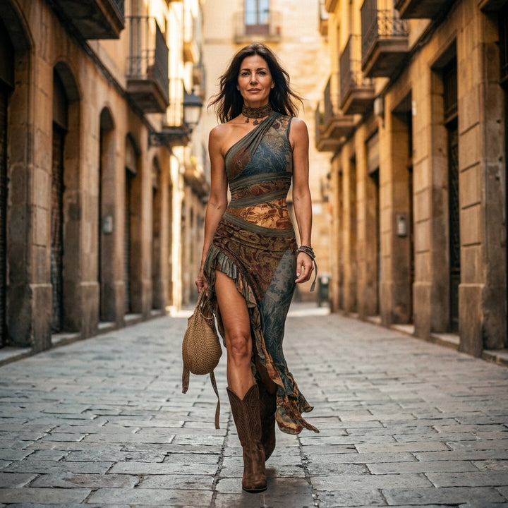 Elena ∙ Vestido largo de un solo hombro estampado en estilo étnico con abertura alta