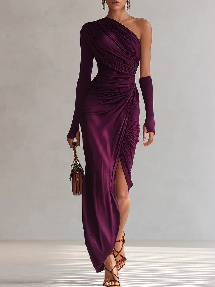 Rosalía - Elegante vestido maxi morado sexy de un solo hombro