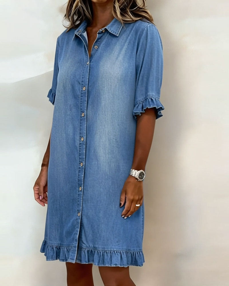 María | Bata de Denim Cómoda con Pliegues Halagadores