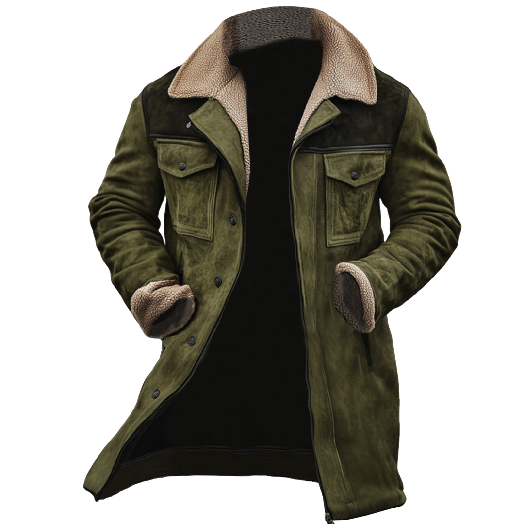 Nicolas - Chaqueta vintage de ante con parches, múltiples bolsillos y cuello alto