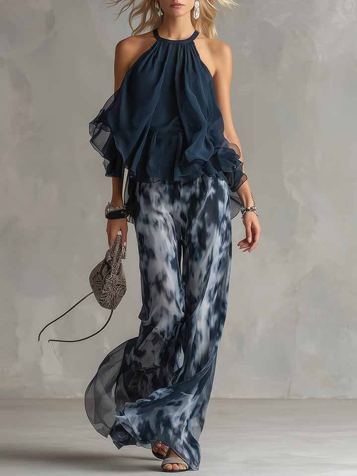 Ludovica | Elegante Conjunto de Top Halter en Azul Marino y Pantalones de Pierna Ancha