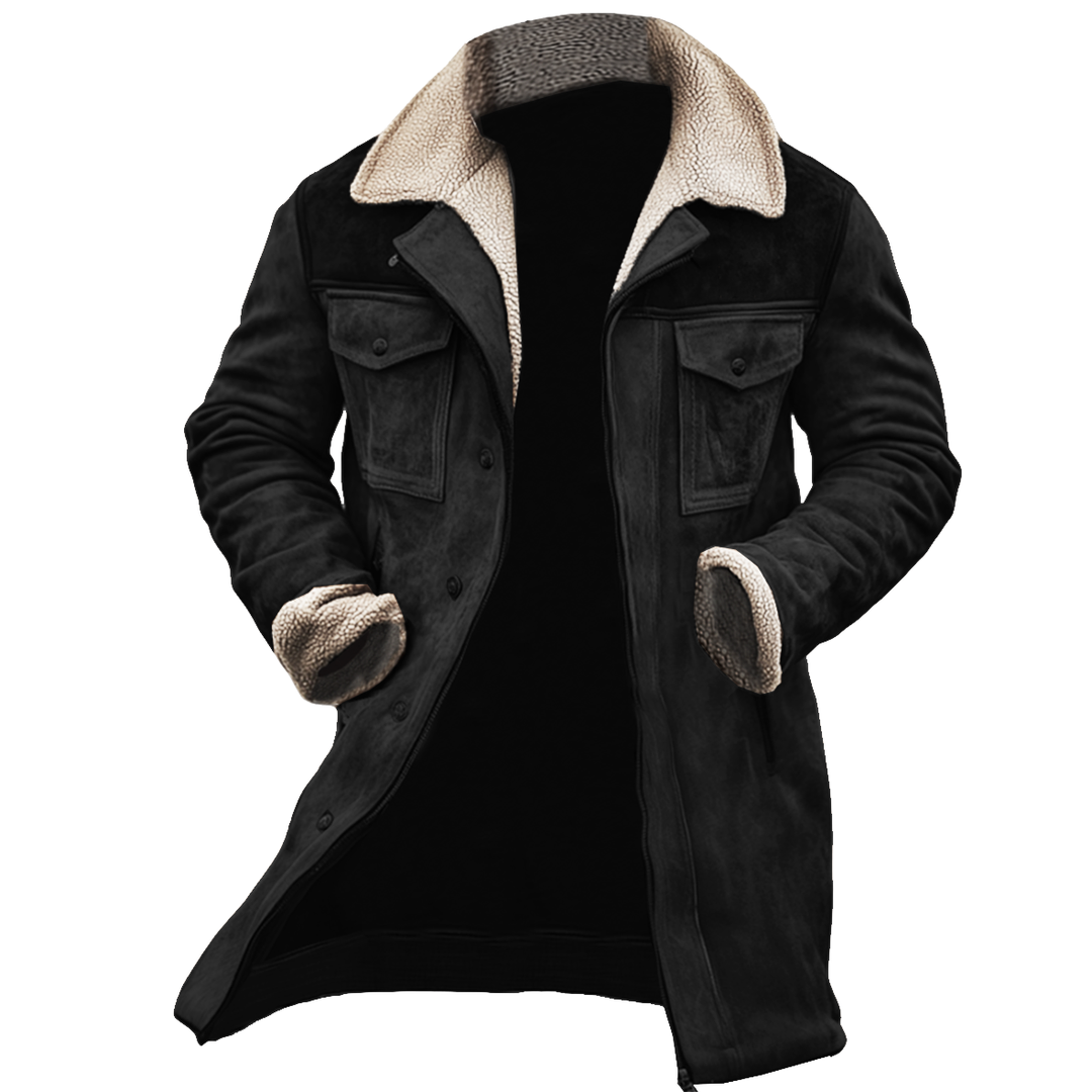 Nicolas - Chaqueta vintage de ante con parches, múltiples bolsillos y cuello alto