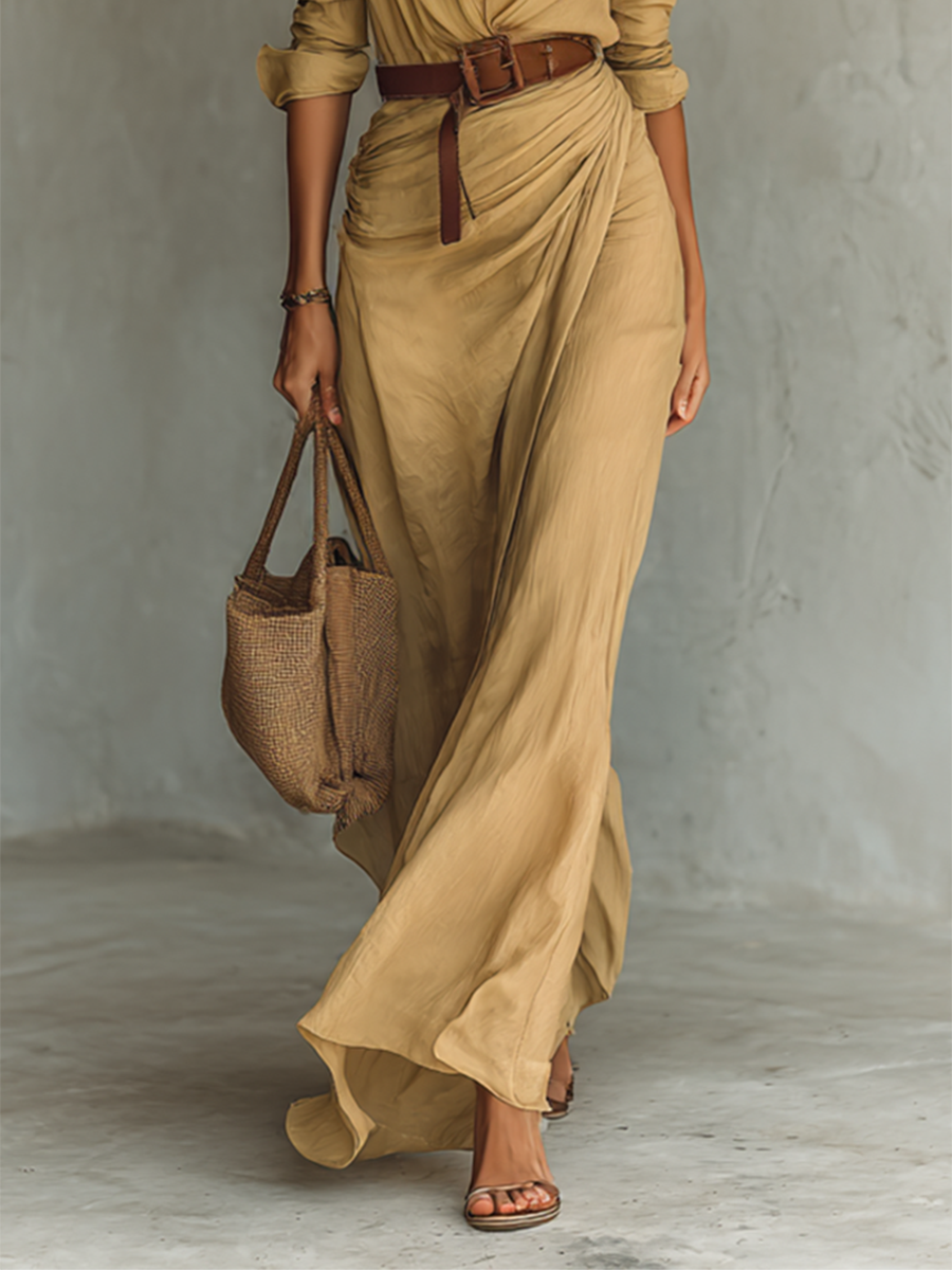 ESENCIAL - Vestido Maxi Largo con Cuello de Solapa y Mangas Largas para Damas