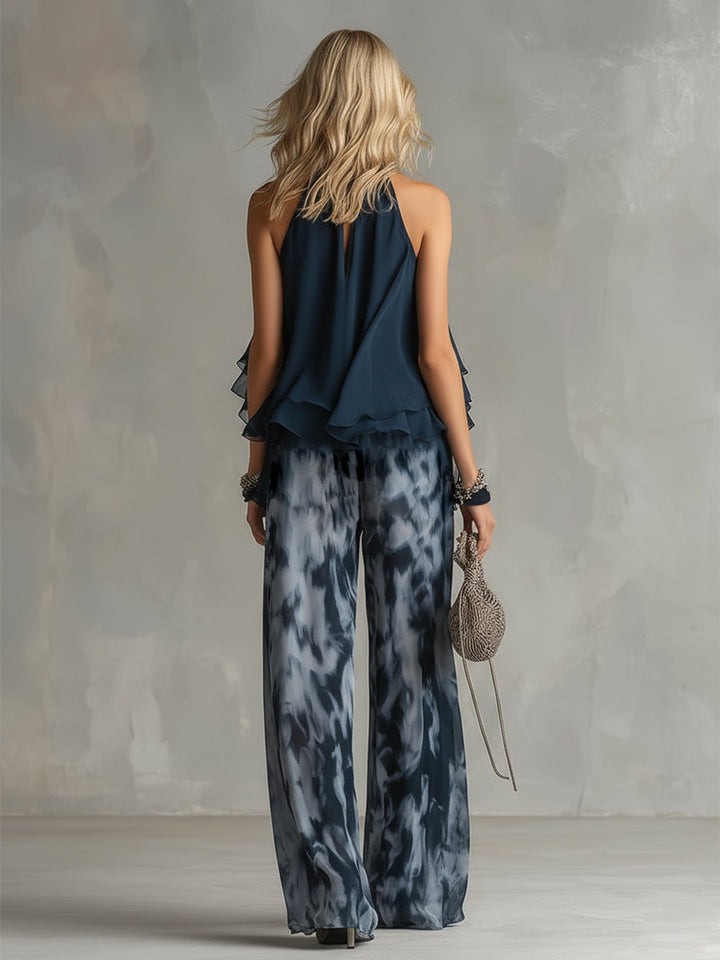 Ludovica | Elegante Conjunto de Top Halter en Azul Marino y Pantalones de Pierna Ancha