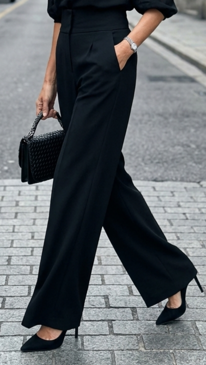 Valentina | Conjunto de tres piezas negro, compuesto por top camisón transparente y pantalones de pierna ancha