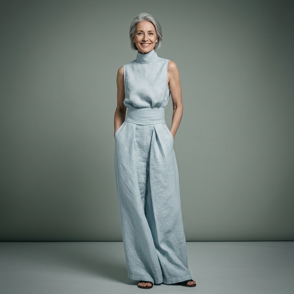 María - Conjunto de top y pantalones anchos de algodón y lino minimalista para mujer