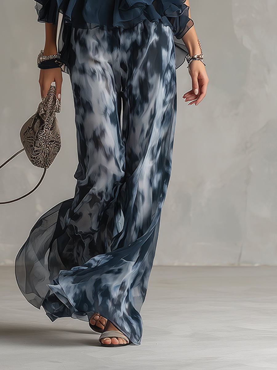 Ludovica | Elegante Conjunto de Top Halter en Azul Marino y Pantalones de Pierna Ancha