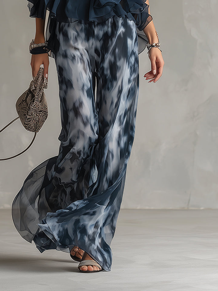 Ludovica | Elegante Conjunto de Top Halter en Azul Marino y Pantalones de Pierna Ancha