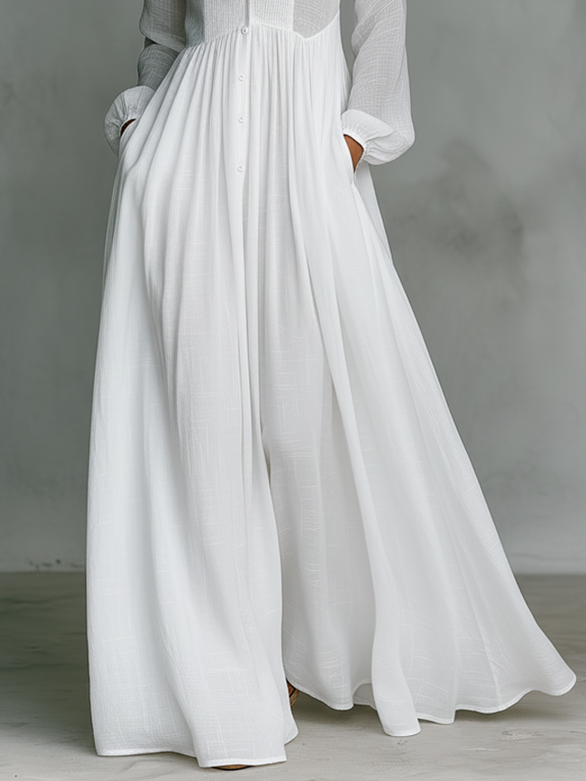 ESENCIAL - Vestido Maxi Minimalista de Algodón y Lino con Detalles de Patchwork, Cuello Alto y Mangas Largas