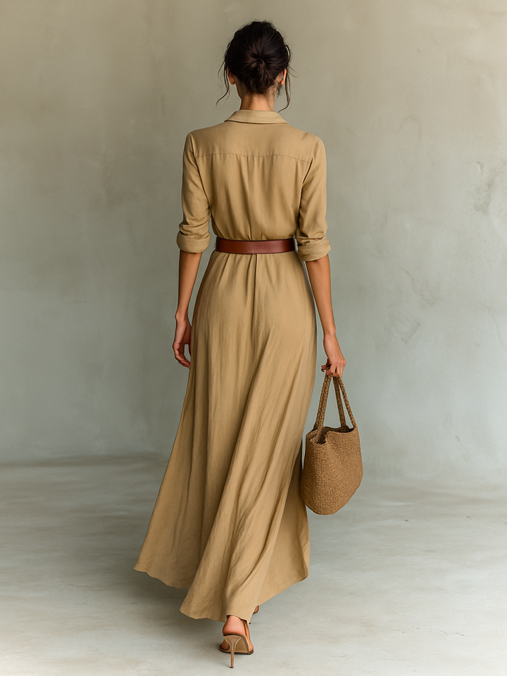 ESENCIAL - Vestido Maxi Largo con Cuello de Solapa y Mangas Largas para Damas