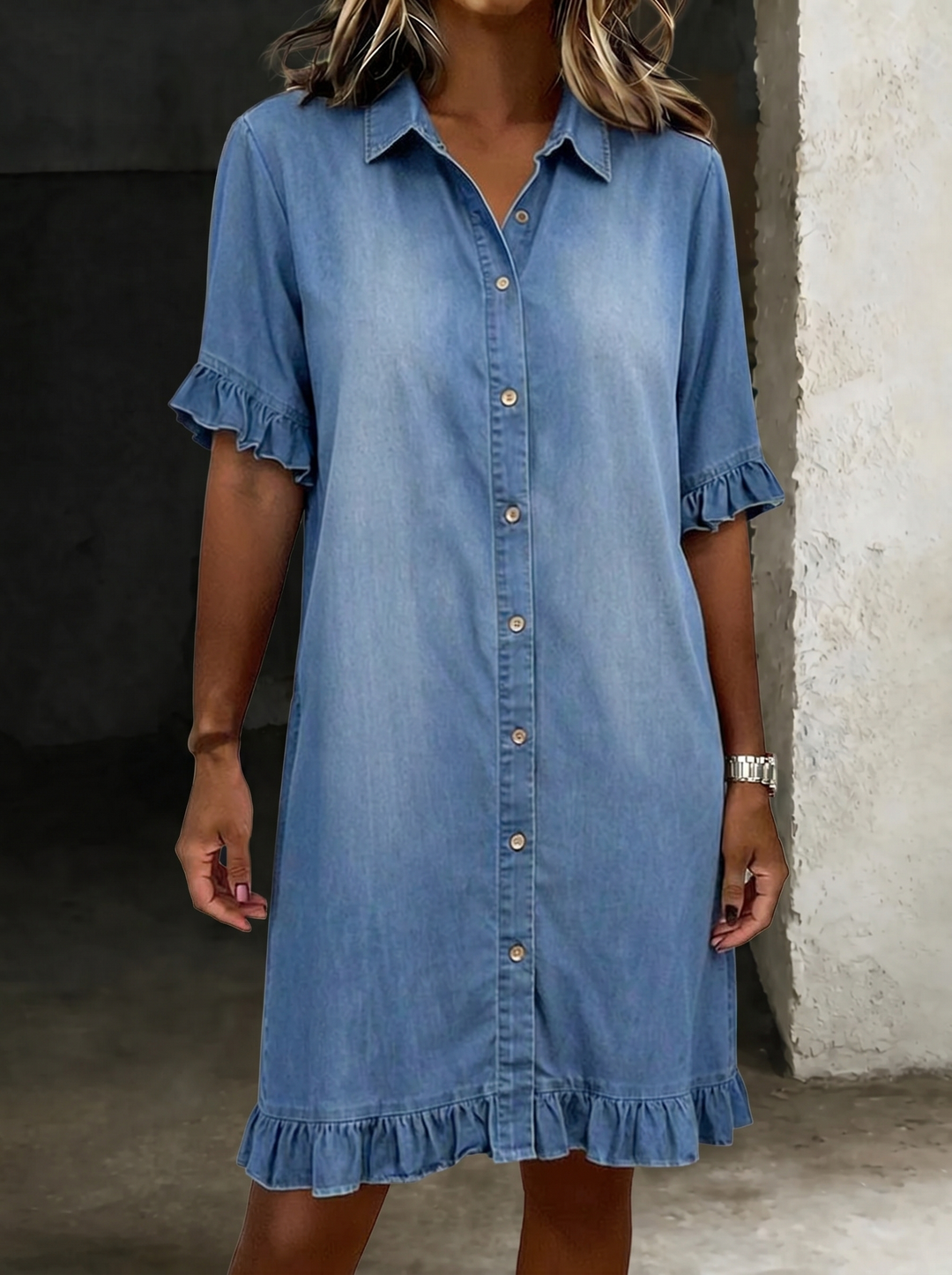 María | Bata de Denim Cómoda con Pliegues Halagadores