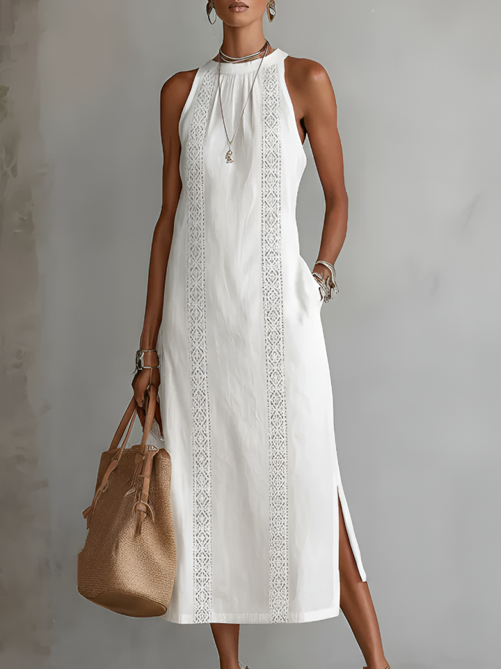 Jimena | Vestido Midi Relajado con Cuello Chino Bordado