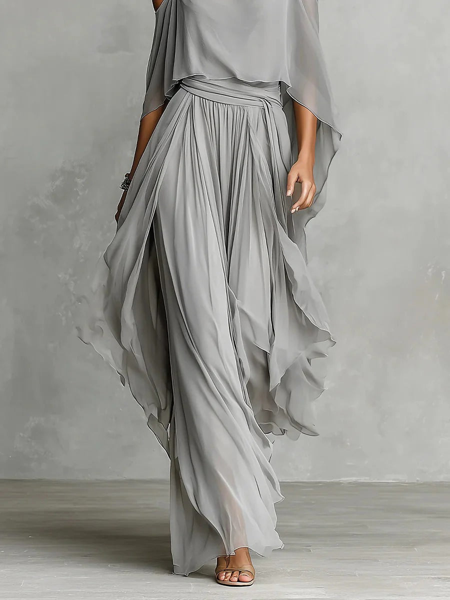 Isabela | Conjunto de fluido gris con top de tirantes espagueti y pantalones ligeros