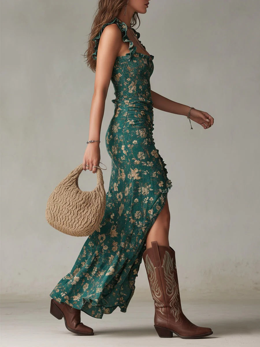 Zara | Vestido Maxi Floral Bohemio Con Fruncidos y Abertura Lateral