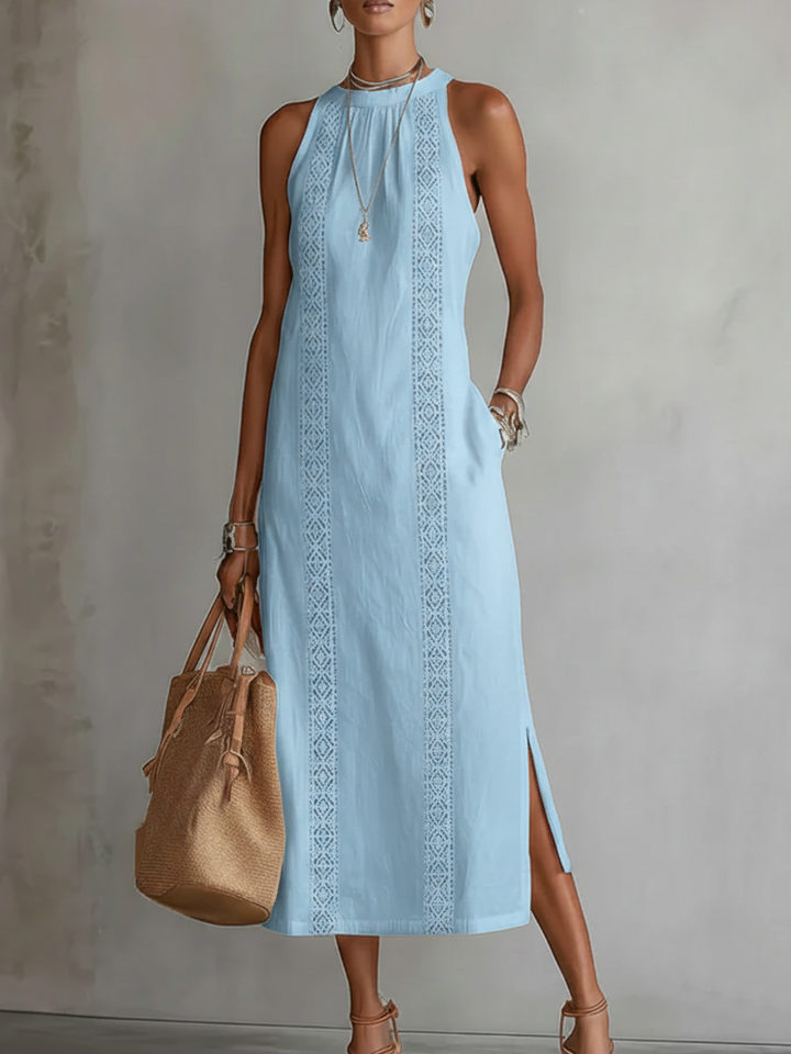 Jimena | Vestido Midi Relajado con Cuello Chino Bordado