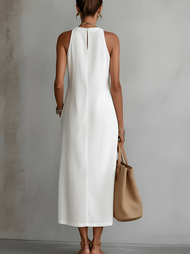 Jimena | Vestido Midi Relajado con Cuello Chino Bordado