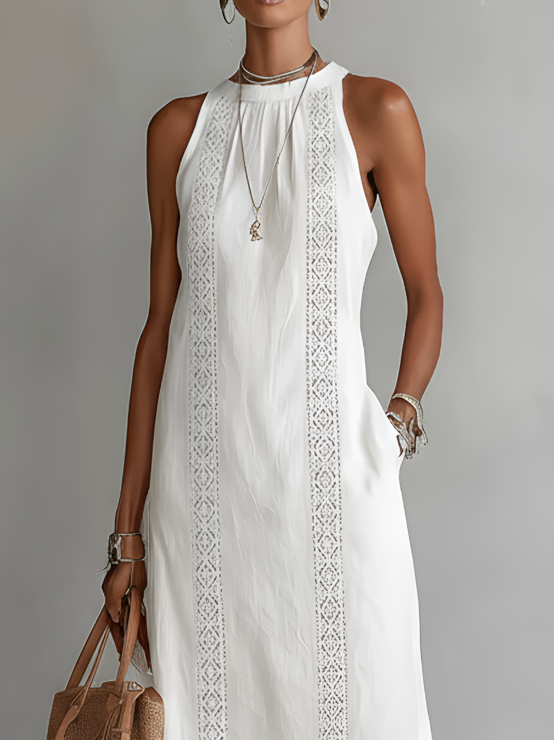 Jimena | Vestido Midi Relajado con Cuello Chino Bordado