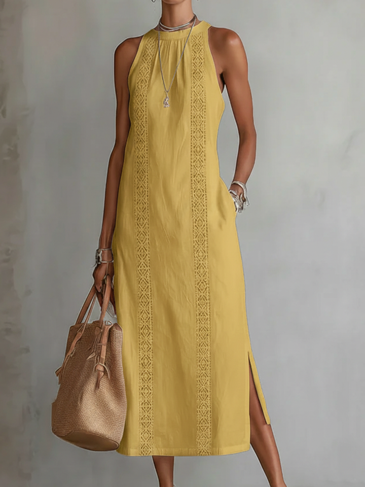 Jimena | Vestido Midi Relajado con Cuello Chino Bordado