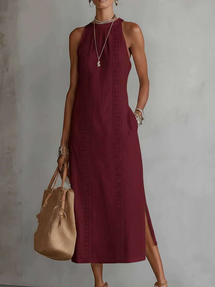 Jimena | Vestido Midi Relajado con Cuello Chino Bordado