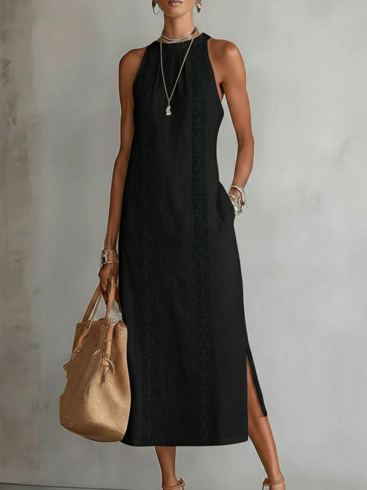 Jimena | Vestido Midi Relajado con Cuello Chino Bordado